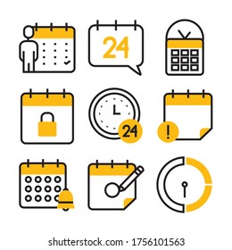 conjunto de iconos de tiempo de calendario y relojes sobre fondo blanco, estilo de media línea, ilustración vectorial