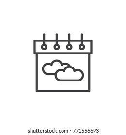 Calendar with clouds line icon, outline vector sign, linear style pictogram isolated on white. Symbol, logo illustration. Editable stroke