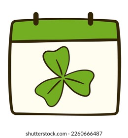 Calendar with clover. St. Patrick's Day. Cartoon flat icon. Vector illustration. Isolated on white background