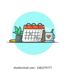 Calendar With Coffee, Plant And Pencil Vector Icon Illustration. Save The Date, Schedule Icon Concept White Isolated. Flat Cartoon Style Suitable for Web Landing Page, Banner, Sticker