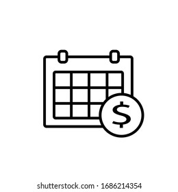 Calendar with coin. Financial planning.  Outline vector isolated on white background.