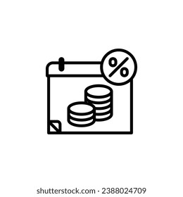Calendar with coin, pay date, payroll outline icon. Vector illustration. The isolated icon suits the web, infographics, interfaces, and apps.