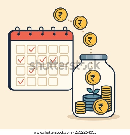 A calendar with coins falling into a jar monthly, symbolizing SIP and systematic investing for wealth growth