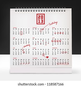 Calendar with collection of hand-drawn,text correction and highlighted days