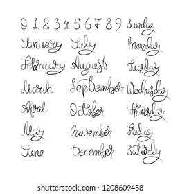 Calendar collection of months and numbers for all year, week, seasons. Ink modern brush calligraphy. Isolated vector on white background.