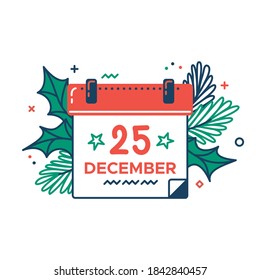 Calendar color flat icon. 25 december. Christmas eve. Thin line and fill pictogram. Isolated vector illustration with contour. Editable stroke. Pixel perfect