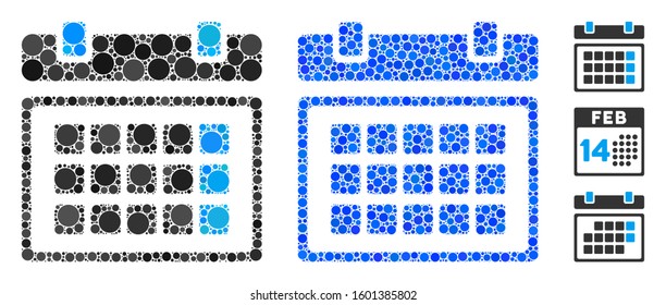 Calendar composition of round dots in different sizes and color tinges, based on calendar icon. Vector round dots are organized into blue composition. Dotted calendar icon in usual and blue versions.