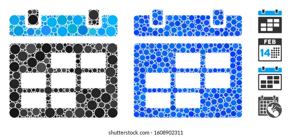 Calendar composition of round dots in various sizes and color hues, based on calendar icon. Vector dots are grouped into blue composition. Dotted calendar icon in usual and blue versions.