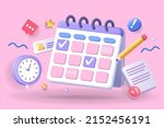 Calendar concept 3D illustration. Icon composition with calendar with scheduled dates and appointments, clock, to-do list with tasks, reminders and messages. Vector illustration for modern web design
