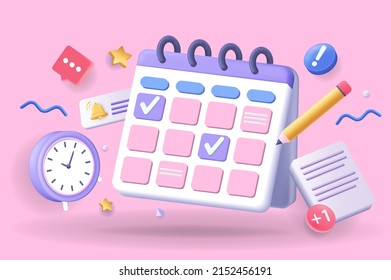 Calendar concept 3D illustration. Icon composition with calendar with scheduled dates and appointments, clock, to-do list with tasks, reminders and messages. Vector illustration for modern web design svg