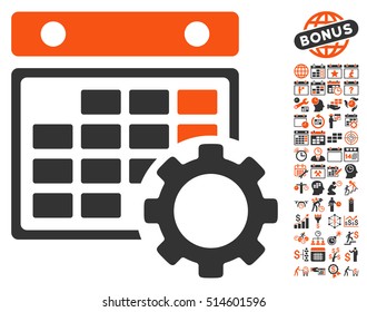 Calendar Configuration icon with bonus calendar and time management symbols. Vector illustration style is flat iconic bicolor symbols, orange and gray colors, white background.