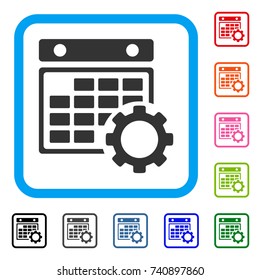 Calendar Configuration icon. Flat grey iconic symbol inside a light blue rounded squared frame. Black, gray, green, blue, red, orange color versions of Calendar Configuration vector.