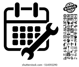 Calendar Configure icon with bonus calendar and time management graphic icons. Vector illustration style is flat iconic symbols, black color, white background.
