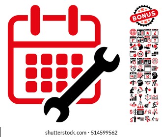 Calendar Configure icon with bonus calendar and time management icon set. Vector illustration style is flat iconic bicolor symbols, intensive red and black colors, white background.