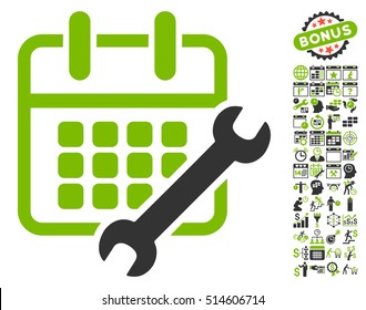 Calendar Configure icon with bonus calendar and time management design elements. Vector illustration style is flat iconic bicolor symbols, eco green and gray colors, white background.