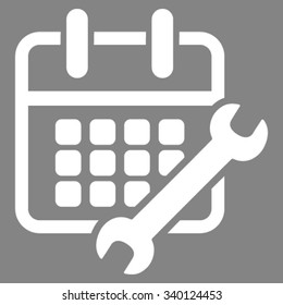 Calendar Configure vector icon. Style is flat symbol, white color, rounded angles, gray background.