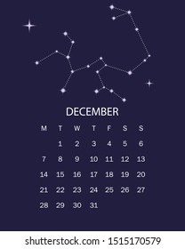 calendar with constellations for 2020, December, vector illustration