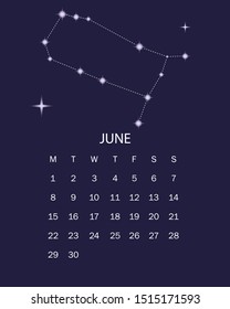 calendar with constellations for 2020, June, vector illustration