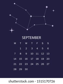 calendar with constellations for 2020, September, vector illustration