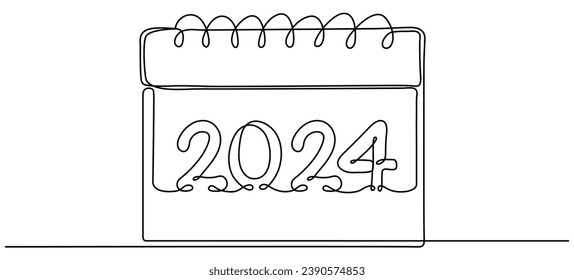 Calendar continuous line drawing. Hand drawn 2024 year symbol. Celebration date. Vector illustration isolated on white. Not AI content.