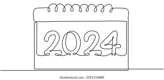 Calendar continuous line drawing. Hand drawn 2024 year symbol. Celebration date. Vector illustration isolated on white.