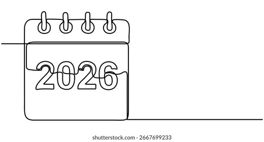 desenho de linha contínua do calendário. Uma parte do calendário 2026, data memorável, contagem regressiva, feriado, dia da semana e fim de semana. Um vetor de design de contorno desenhado à mão. Traçado editável.