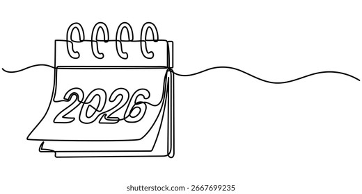 calendar continuous line drawing. One line art of calendar 2026, memorable date, countdown, holiday, weekday and weekend. Hand drawn one outline design vector. Editable stroke.