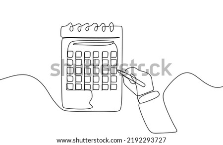 calendar continuous line drawing. One line art of calendar, memorable date, countdown, holiday, weekday and weekend. calendar with hand and pen. vector illustration