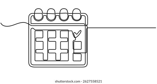 Calendar continuous line drawn. Time planer linear symbol. Reminder empty template. Vector illustration isolated on white, Single one line drawing Standing Calendar icon. Planning and scheduling.