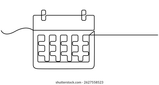 Calendar continuous line drawn. Time planer linear symbol. Reminder empty template. Vector illustration isolated on white, Single one line drawing Standing Calendar icon. Planning and scheduling.