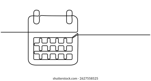 Calendar continuous line drawn. Time planer linear symbol. Reminder empty template. Vector illustration isolated on white, Single one line drawing Standing Calendar icon. Planning and scheduling.