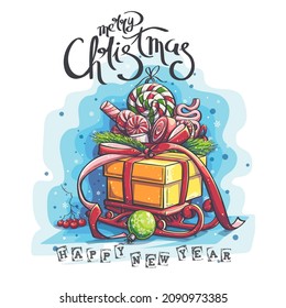 Calendar cover 2022. box with gifts and chocolates on a winter red sleigh. For print on demand, magazines and newspapers, book covers.