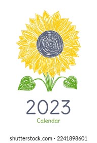 Calendar cover for 2023 year. Sunflower botanical illustration. Calender design. Hand drawn vector pen or marker doodle sketch. Natural pencil drawing