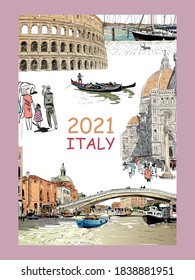 Calendar cover. Italy. 2021 year. Hand drawn vector illustration.