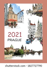 Portada del calendario. Praga. Checo.  2021 año. Ilustración vectorial dibujada a mano.