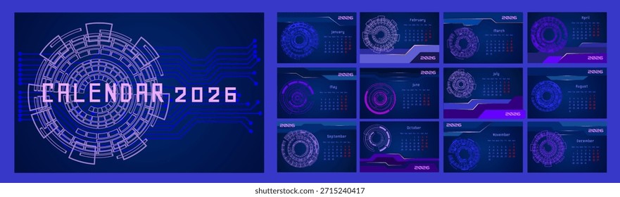 Calendário criativo com o fundo de design tecnológico futurista azul