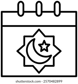 A Calendar with crescent moon, star, and geometric Islamic pattern line icon illustration. Symbolize Eid al Fitr Holiday. Perfect for Ramadan, Islamic holidays, and event-related projects.