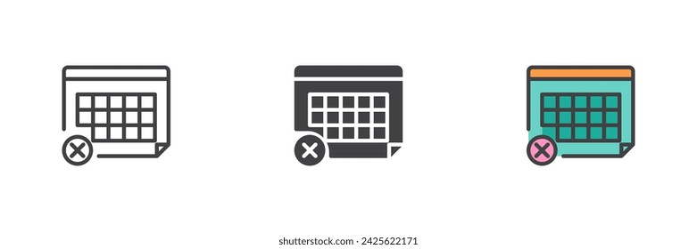 Calendar with cross mark different style icon set. Line, glyph and filled outline colorful version, outline and filled vector sign. Cancel day symbol, logo illustration. Vector graphics
