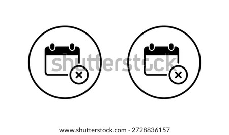 Calendar with cross symbol icon in circular outline. Unavailable schedule, cancel event, and date with x mark sign