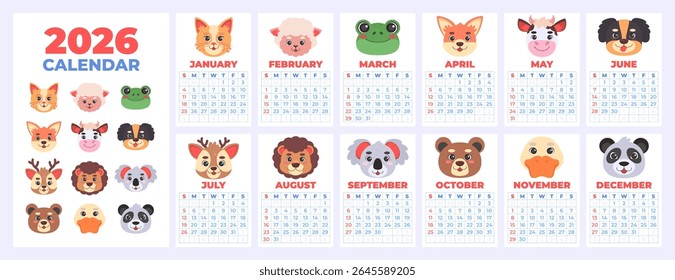 Calendar with cute animal faces on it. The calendar is for the year 2026. Vector illustration in a flat style