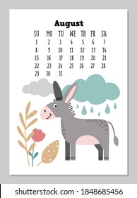 Calendar with a cute grey donkey, clouds, rain and leaves for August 2021. Planner template in trendy doodle and Scandinavian style. Vector illustration