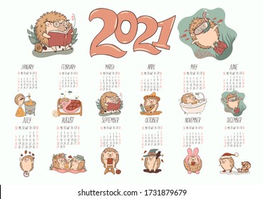 Calendar Of Cute Kawaii Hedgehogs 2021. Vector Graphics.