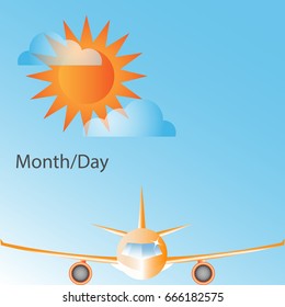 Calendar. Cute minimalistic calendar template depicting airplane and shining sun among clouds.