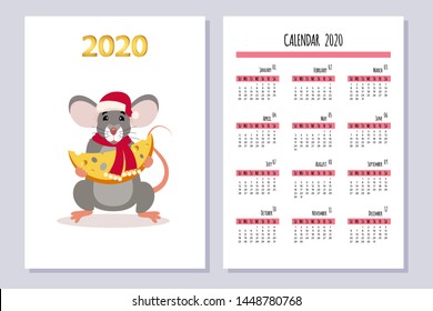 Calendar with cute mouse. Week starts on sunday. Rat is a symbol of the 2020 Chinese New Year. Template for calendars, posters, cards and other printing