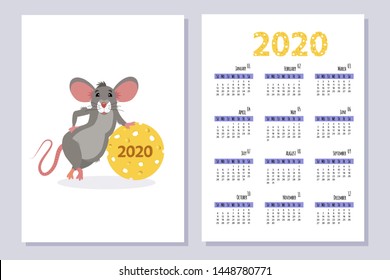 Calendar with cute mouse. Week starts on sunday. Rat is a symbol of the 2020 Chinese New Year. Template for calendars, posters, cards and other printing
