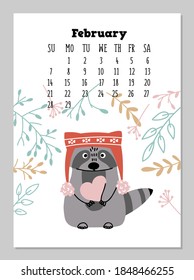 Calendar with cute raccoon in New Year hat for Fabruary 2021. Planner template with doodle and Scandinavian style branches and leaves. Vector illustration