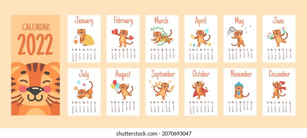 Calendar cute tigers. Chinese new year 2022, month pages with animal characters, winter christmas planner, tiger face, kid schedule, vector illustration. Tiger calendar 2022, happy chinese new year