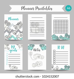 Calendar Daily and Weekly Planner Template. Note Paper and Stickers Set with hand drawn retro photo cameras, vector illustration. Photo and video theme design. Diary for blogger, photographer