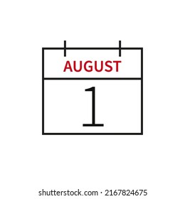 Calendar with date 1 august, line icon month name and date. Stroke outline, flat vector illustration for UI graphic design.