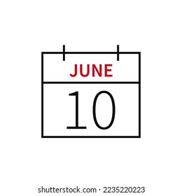Calendar with date 10 june, line icon month name and date. Flat vector illustration for UI graphic design.